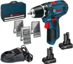 BOSCH GSR 12V-15 / Aku Vŕtací skrutkovač s príslušenstvom (39ks) / 12V / 2x4.0Ah / 10mm skľučovadlo / 1600 ot-min / 30 Nm (0615990HV1)