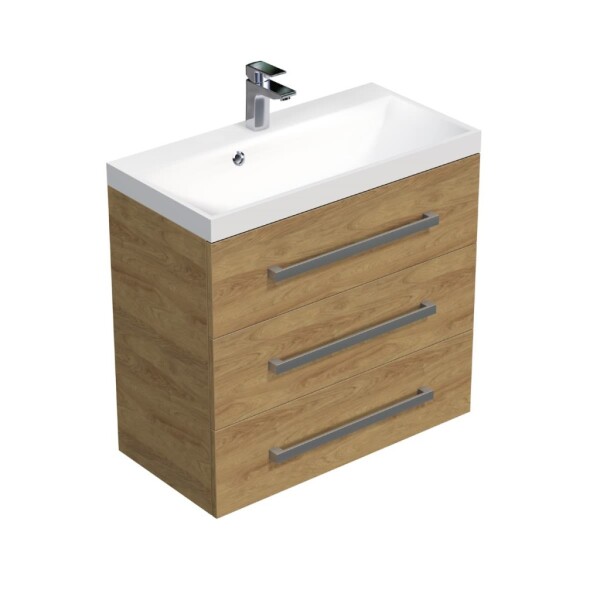 Kúpeľňová skrinka s chrómovými úchytmi a umývadlom SAT Cube Way 80x71x40 cm dub Hickory mat CUBE2803DH CUBE2803DH