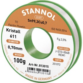 Stannol Kristall 611 Fairtin spájkovací cín bez olova bez olova Sn99,3Cu0,7 REM1 100 g 0.7 mm; 813015