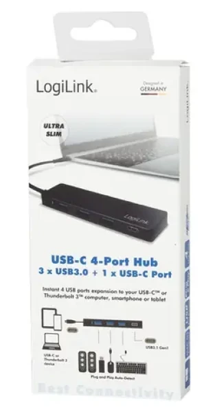 LogiLink USB-C Hub čierna / USB hub / 3x USB-A 3.2 / 1x USB-C / ultratenký (UA0311)