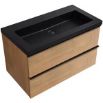 CERANO - Kúpeľňová skrinka Velora - dub medový, úchytka čierna + umývadlo z lit. mramoru Ovo - čierna matná - 80,5x58x46,5 CER-979972