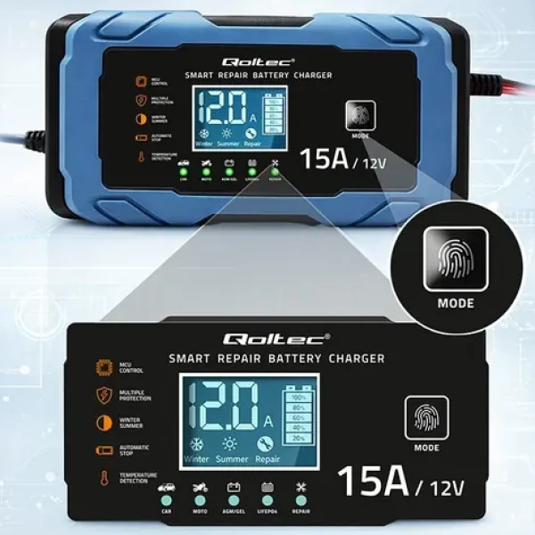 Qoltec Nabíjačka autobatérií 12V 15A / Nabíjačka / AGM/GEL/LiFePO4 / 9-stupňové nabíjanie / funkcia obnovy batérie (52666)