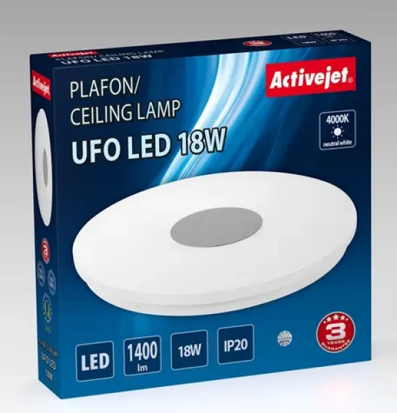 Activejet UFO LED strieborno-biela / Stropné svietidlo / 18W / 4000K / 1400lm / IP20 / ?32,5 cm (AJE-UFO 18W)