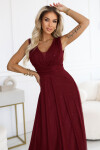 637-1 Dlhé večerné šaty s brokátovým akcentom a hlbokým výstrihom - bordové UNI