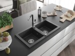 MEXEN/S MEXEN/S - Mario granitový drez 2-bowl vrátane batérie Flora, čierna kropenatá 6504-76-670401-07