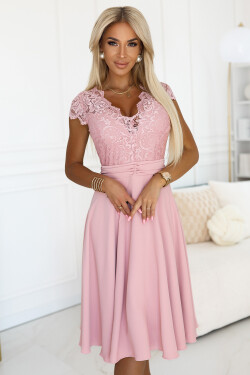 381-6 LINDA ľahké šifónové šaty s čipkovým výstrihom - BRUCE PINK L