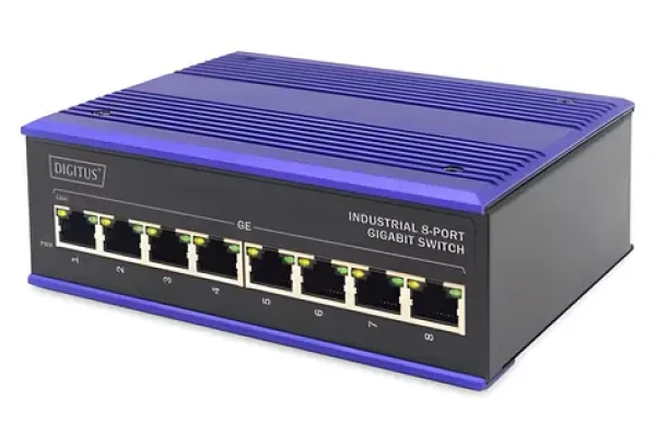 Digitus Switch Ind. modrá / Switch / Priemyselný / 8x Gigabit / Unmanaged / DIN lišta (DN-651119)
