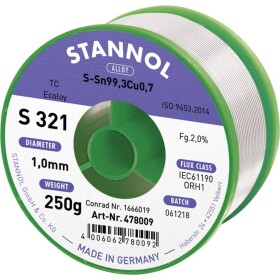 Stannol S321 2,0% 1,0MM SN99CU0,7CD 250G spájkovací cín bez olova bez olova, cievka Sn99,3Cu0,7 ORH1 250 g 1 mm; 631922