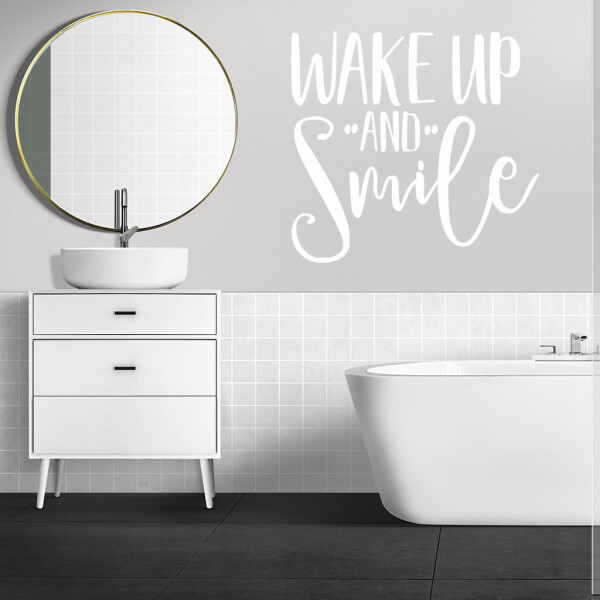 Veselá Stena Samolepka Nápis Wake up and Smile Farba: bílá, Veľkosť: 40 x 37 cm