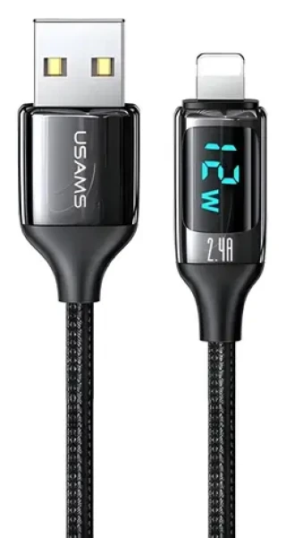 USAMS SJ543 U78 čierna / Dátový kábel / Lightning / 1.2 m / LED / 2.4A / Nylon (SJ543USB01)