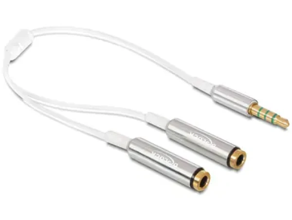 DeLock adaptér stereo jack 3,5 mm samec,4 pin 2 x stereo jack 3,5 mm samica,4 pin / 25cm / biely / strieborný (65576)