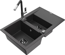 MEXEN/S - Gaspar granitový drez 1.5 s odkvapkávačom vrátane batérie Flora, čierna kropenatá 6507-76-670401-07-B
