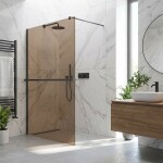 CERANO - Sprchová zástena Walk-in Onyx Round Ľ/P - 8 mm + polička/držiak na uteráky - guľatá vzpera - čierna matná, bronzové sklo - 80x200 CER-689290
