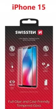 Swissten FULL GLUE COLOR FRAME CASE FRIENDLY sklo pre Apple iPhone 15 čierna (54501840 )