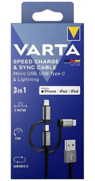 Varta Nabíjací kábel 3v1 čierna / Nabíjací kábel / USB-A na USB-C, Micro-USB, Lightning / 2 m (57937101111)
