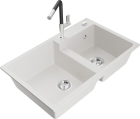 MEXEN/S - Tomas granitový drez 2-bowl vrátane batérie Flora, biela 6516-20-670401-07