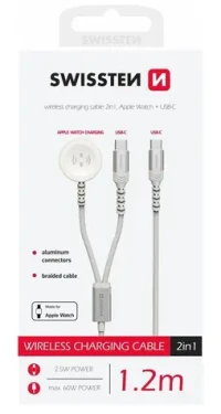 Swissten Magnetický kábel pre Apple Watch a USB-C 1.2m biela / USB-C / 2v1 / 60W / opletený (22065504)
