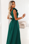 643-1 Elegantné večerné maxi šaty s rozparkom a ružami - fľaškovo zelené M