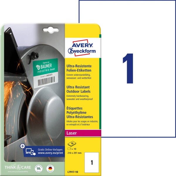 Avery-Zweckform L7917-10 210 x 297 mm polyethilenová fólie biela 10 ks trvalé Fóliové etikety laser, kópie; L7917-10