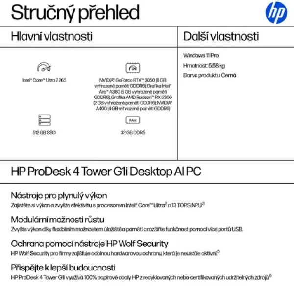 HP ProDesk 4 Tower G1i čierna / Pracovný počítač / Intel Core Ultra 7 265 / 32 GB DDR5 / 512 GB SSD / W11P (9H7M6ET#ABD)