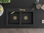 MEXEN/S MEXEN/S - Hektor granitový drez 2-bowl 800 x 480 mm, čierna/strieborná metalík, zlatý sifón 6521802000-73-G