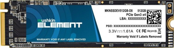 Mushkin Element 512GB SSD / M.2 2280 / NVMe PCIe 3.0 x4 / RW: 2000 amp; 1400 MBps / MTBF: 1 / 3y (MKNSSDEV512GB-D8)