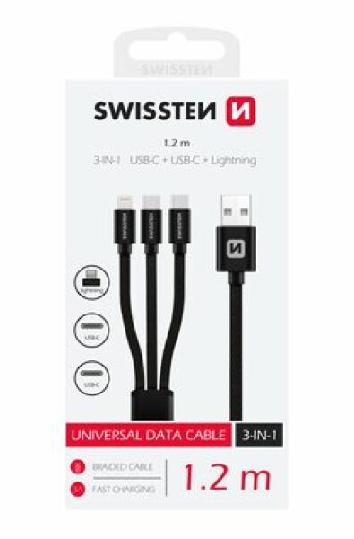 Swissten TEXTILE dátový kábel 3v1 2x USB-C (M) - Lightning (M) - USB-A (M) 1.2m čierna / 60W / 3A (72501103)