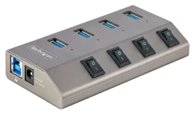 StarTech USB Hub 4 porty sivá / USB rozbočovač / 4X USB-A / jednotlivé vypínače portov / napájací adaptér (5G4AIBS-USB-HUB-EU)