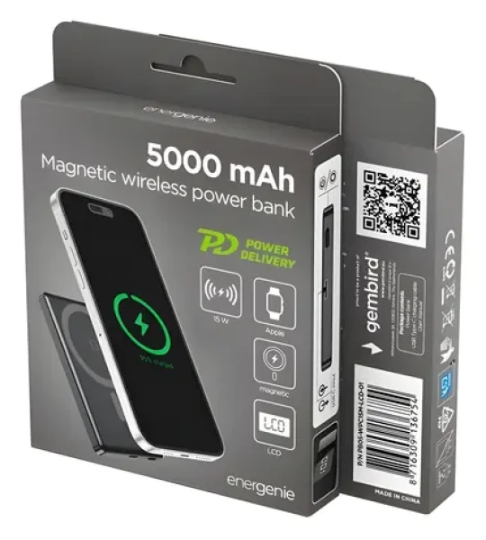 Magnetická bezdrôtová powerbanka 5000 mAh čierna / Powerbanka / 15 W bezdrôtovo / LCD displej (PB05-WPC15M-LCD-01)