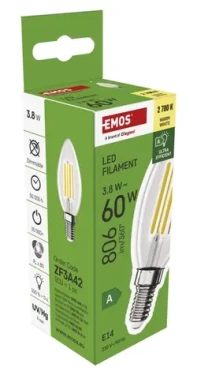 Emos Filament Candle 3,8 W E14 / Žiarovka / náhrada za 60 W / teplá biela / 806 lm (1525741258)