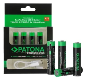 Patona AAA/LR03 / Nabíjacia batéria / Li- POL / 500 mAh / 1,5 V / USB-C / 4 ks (PT1409)