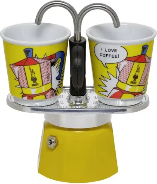 Bialetti MINI EXPRESS Set Lichtenstein žltá / Sada: fontánová moka kanvička (90 ml) + 2x hrnček (Roy Lichtenstein) (8006363027649)