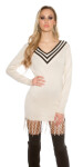 Trendy KouCla V-Cut knit derss with fringe BEIGE Einheitsgroesse