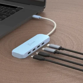 J5Create USB-C Hub 4v1 azúrová / USB hub / USB 3.2 Gen 1/4 porty / recyklovaný plast (JCH345EC-N)