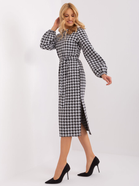 Bílé černé pletené midi šaty houndstooth