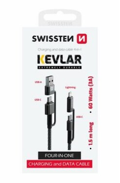 Swissten KEVLAR dátový kábel 4v1 USB-C (M) - USB-A (M) - Lightning (M) 1.5m čierna / 60W / 3A (74501101)