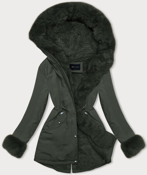 Krátka zimná bunda parka v army farbe s kožušinovou podšívkou (16M9062-136) odstíny zelené S (36)