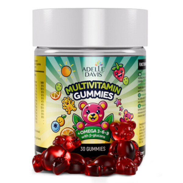 ADELLE DAVIS Multivitamin želatínové medvedíky + omega 3 a betaglukan banán-čučoriedka 30 ks