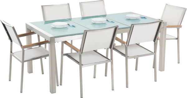 Beliani GROSSETO Záhradná sada pre 6 osôb sklenená doska 180 x 90 cm a biele stoličky