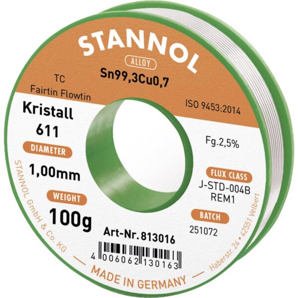 Stannol Kristall 611 Fairtin spájkovací cín bez olova bez olova Sn99,3Cu0,7 REM1 100 g 1 mm; 813016