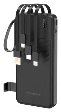 Wozinsky W11-B čierna / Powerbanka / 10000 mAh / 10W / vstavané káble / LED svietidlo