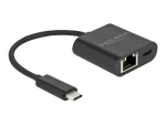 DeLock USB-C adaptér Gigabit LAN čierna / Adaptér / 10/100/1000 Mbps / USB PD 60W (66644)