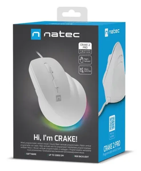 Natec CRAKE 2 PRE biela / Vertikálna myš / pre pravákov / optická / drôtová USB-A / 12 400 DPI (NMY-2273)