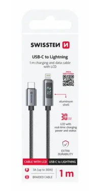 Swissten Kábel USB-C na Lightning s LCD displejom 1m čierna / 30W / Lightning (M) / USB-C (M) (71551077)