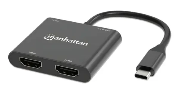 Manhattan USB-C na 2x HDMI adaptér / Adaptér / 4K 60Hz / USB PD 100W / HDCP 2.3 / hliníkové tělo (154321)