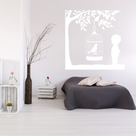 Veselá Stena Samolepka Vtáčik v klietke na strome Farba: biela, Veľkosť: 40 x 40 cm
