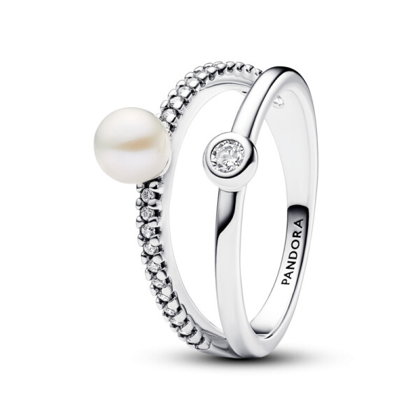 Pandora Dvojitý strieborný prsteň s perlou a zirkónmi Timeless 193147C01 52 mm