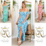 Sexy off-shoulder Summer Maxi Dress with decorative buttons blue L/XL