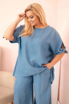 Plus size set z materiálu tencel, blúzka s viazankou a široké džínsové nohavice UNI