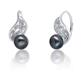 JwL Luxury Pearls Luxusné strieborné náušnice s pravou čiernou perlou JL0674